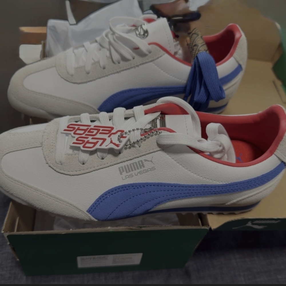 PUMA Kids Sneakers in White and Blue with Red Accents